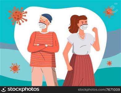 Young guy and girl wearing face medical masks protesting against world epidemic at the background of flying virus in the air. Stop spreading coronavirus. Cartoon characters at turquoise background. Cartoon illustration with girl and guy in medical masks at the background of flying virus in the air