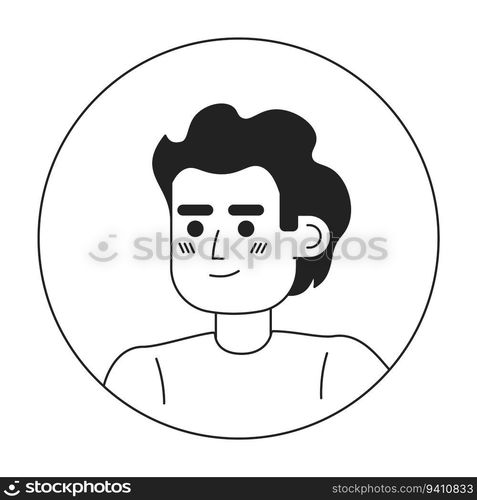 Young guy brunette monochrome flat linear character head. Man looks away. Editable outline hand drawn human face icon. 2D cartoon spot vector avatar illustration for animation. Young guy brunette monochrome flat linear character head