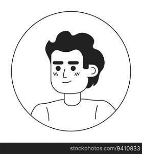 Young guy brunette monochrome flat linear character head. Man looks away. Editable outline hand drawn human face icon. 2D cartoon spot vector avatar illustration for animation. Young guy brunette monochrome flat linear character head