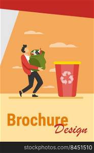 Young guy carrying bag with garbage to trash bin. Container, rubbish, junk flat vector illustration. Ecology and recycling concept for banner, website design or landing web page