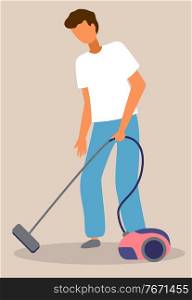 Young guy cleaning floor from dirt with vacuum cleaner. Home everyday activity during quarantine time, spreading covid-19, world epidemic. Isolated character making home work. Housekeeping concept. Man vacuuming icon, guy cleaning floor with vacuum cleaner, home activity during quarantine time