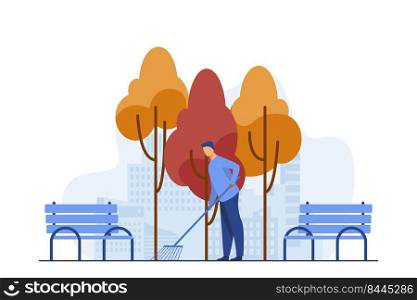 Young guy cleaning street from autumn leaves. Fall, bench, park flat vector illustration. Season and occupation concept for banner, website design or landing web page