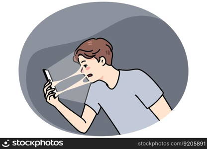 Young guy connected sealed to smartphone suffer from technology addiction problem. Man addicted to cellphone and social media, tied to online communication. Flat vector illustration.. Man tied to cellphone addicted to social media