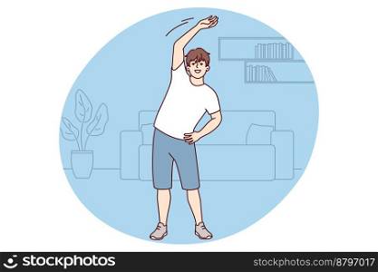 Young guy does warm-up while standing in home interior before jogging or doing sports. Man of student age in shorts and t-shirt leads healthy lifestyle doing stretching in morning. Flat vector image . Young guy does warm-up while standing in home interior before jogging or doing sports. Vector image