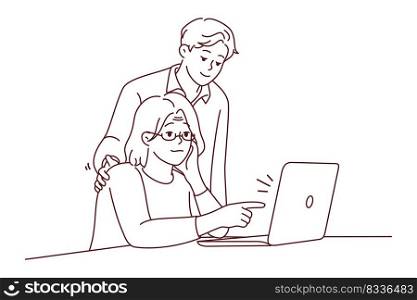 Young guy help old grandmother with laptop work. Mature grandma sit at desk working on computer with grandchild assist. Vector illustration. . Grandchild help old grandmother with computer 