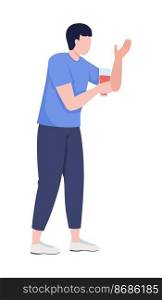 Young guy holding drink semi flat color vector character. Editable figure. Full body person on white. Casual gathering simple cartoon style illustration for web graphic design and animation. Young guy holding drink semi flat color vector character