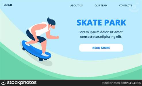 Young Guy in Summer Clothing Riding Skateboard. Skater Character, Skateboarding Boy on Longboard in Skate Park, Outdoors Activity, Freedom Lifestyle Cartoon Flat Vector Illustration, Horizontal Banner. Young Guy in Summer Clothing Riding Skateboard.