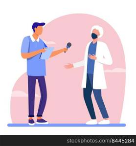 Young guy interviewing doctor in mask. Microphone, quarantine, reporter flat vector illustration. Pandemic and protection concept for banner, website design or landing web page