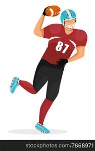 Young guy playing in american football. Player of team running. Guy dressed in red uniform and helmet. Sportsman isolated alone on white background. Vector illustration of active game in flat style. Sportsman Isolated, Man Play in American Football