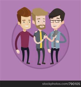 Young guy showing something to his friends on his mobile phone. Three happy caucasian friends looking at smartphone and laughing. Vector flat design illustration in the circle isolated on background.. Three smiling friends looking at mobile phone.