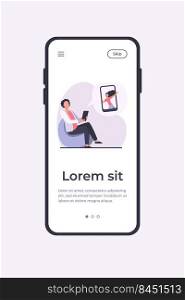 Young guy sitting in chair and chatting with girl. Smartphone, date, friend flat vector illustration. Communication and digital technology concept for banner, website design or landing web page