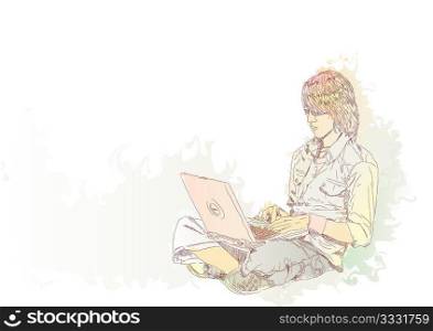 Young guy sitting on the floor with his laptop. Vector illustration