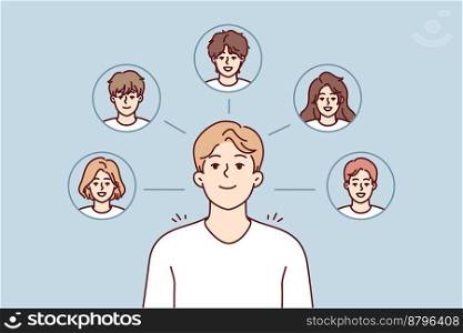 Young guy thinks about college friends and wants to meet or have party together. Faces of boys and girls of high school students near student with smile remembering classmates. Flat vector image. Young guy thinks about college friends and wants to meet or have party together. Vector image