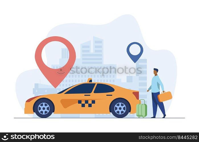 Young guy travelling by taxi around city. Marker, destination, baggage flat vector illustration. Transportation and urban lifestyle concept for banner, website design or landing web page