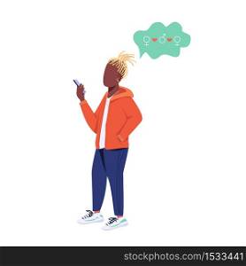 Young guy with smartphone flat color vector faceless character. Generation Z lifestyle, free relationship. Bisexual man isolated cartoon illustration for web graphic design and animation. Young guy with smartphone flat color vector faceless character
