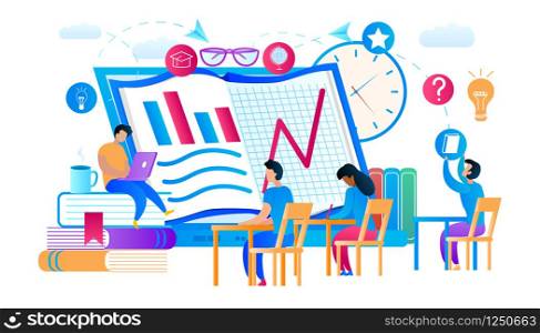 Young Guys and Girls Collective Learning. Distance Internet Courses. Students Sit at Desk and Watch on Big Laptop with Graphs Pictures. Educational School Stuff Icons. Flat Vector Illustration.. Young Guys and Girls Learning Internet Courses.