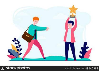 Young guys with star award. Winning, achievement, challenge flat vector illustration. Lifestyle and success concept for banner, website design or landing web page