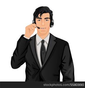 Young handsome customer service representative man in formal suit with headphones set vector illustration