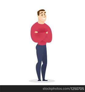 Young Handsome Dark Haired Man Cartoon Character in Red Shirt and Blue Jeance Standing Up Straight with Crossed Arms on Chest Front View. Flat Style Vector Illustration Isolated on White Background.. Young Man Cartoon Character Standing with Crossed Arms