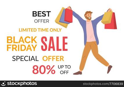 Young handsome happy guy buys presents on the sale. Male character with shopping bags in his hands on the black friday. Announcement of an eighty percent discount. Special offer in the store. Announcement of an eighty percent discount. Guy shopping on sale with colorful packages in his hands