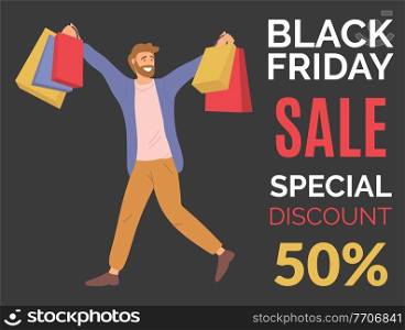 Young handsome happy guy buys presents on the sale. Male character with shopping bags in his hands on the black friday. Announcement of a special fifty percent discount. Holliday sales in the store. Announcement of a special fifty percent discount. Guy with colorful packages during the black friday