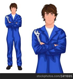 Young handsome male auto mechanic worker standing in blue overall with spanner, arms crossed vector illustration