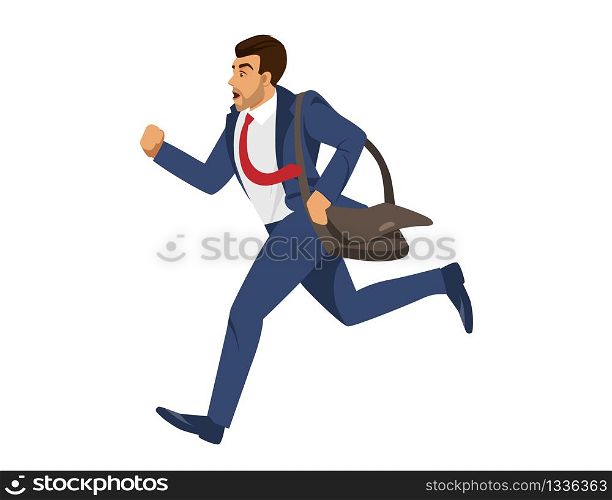 Young Handsome Man in Blue Formal Suit and Red Tie Holding Brown Shoulder Bag Running Fast Isolated on White Background. Office Employee, Businessman Hurry Up at Work. Cartoon Flat Vector Illustration. Man in Blue Formal Suit Run on White Background.