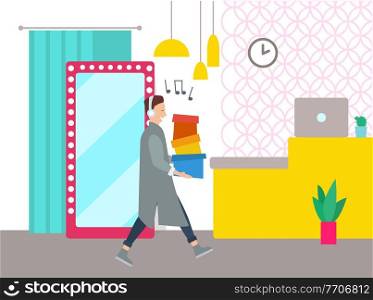Young handsome shopper is singing and holding colorful boxes in his hands. Sale advertising concept. Male character with headphones is going to the store. Man shopping in the fashion boutique. Man with shopping boxes in his hands. Young fashion shopper guy with headphones in the boutique