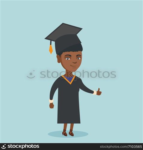 Young happy african-american graduate giving thumb up. Full length of graduate with thumb up. Cheerful graduate showing thumb up. Concept of education. Vector cartoon illustration. Square layout.. Young african-american graduate giving thumb up.