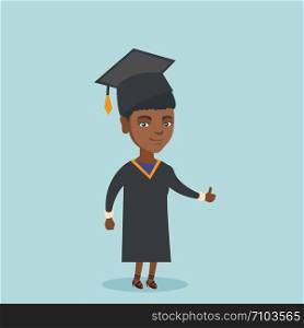 Young happy african-american graduate giving thumb up. Full length of graduate with thumb up. Cheerful graduate showing thumb up. Concept of education. Vector cartoon illustration. Square layout.. Young african-american graduate giving thumb up.