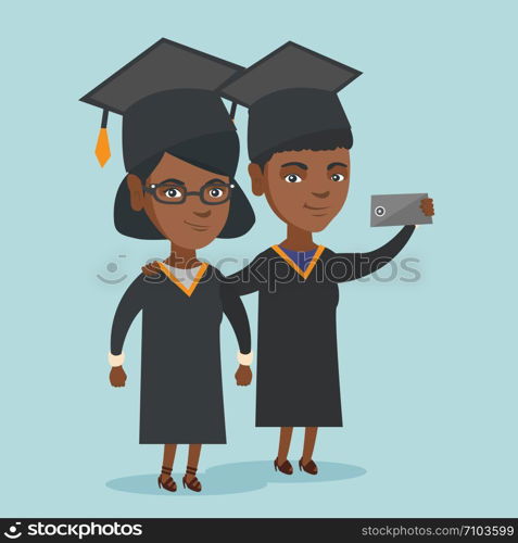 Young happy african-american graduates making selfie. Cheerful graduates in cloaks and graduation caps making selfiewith a smartphone. Vector cartoon illustration. Square layout.. Young african-american graduates making selfie.