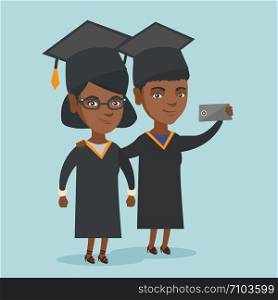 Young happy african-american graduates making selfie. Cheerful graduates in cloaks and graduation caps making selfiewith a smartphone. Vector cartoon illustration. Square layout.. Young african-american graduates making selfie.