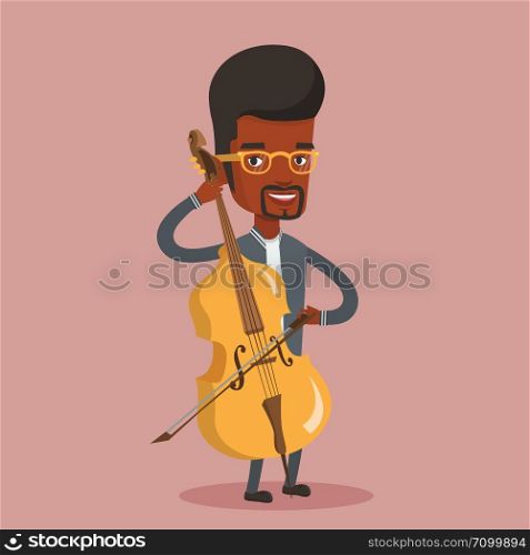 Young happy african-american musician playing cello. Cellist playing classical music on cello. Young smiling male musician with cello and bow. Vector flat design illustration. Square layout.. Man playing cello vector illustration.