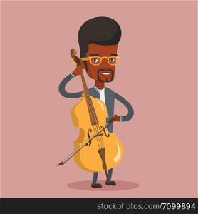 Young happy african-american musician playing cello. Cellist playing classical music on cello. Young smiling male musician with cello and bow. Vector flat design illustration. Square layout.. Man playing cello vector illustration.