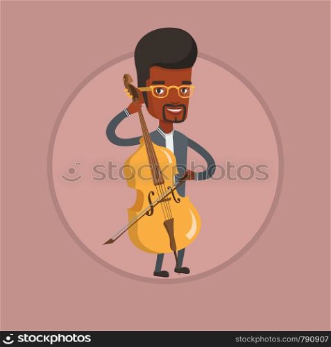 Young happy african-american musician playing cello. Cellist playing classical music on cello. Young musician with cello and bow. Vector flat design illustration in the circle isolated on background.. Man playing cello vector illustration.