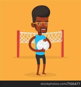 Young happy african-american sportsman holding volleyball ball in hands. Smiling beach volleyball player standing on the background of volleyball net. Vector flat design illustration. Square layout.. Beach volleyball player vector illustration.
