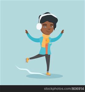 Young happy african-american woman ice skating outdoors. Excited woman posing at a skating rink. Concept of winter leisure activities. Vector cartoon illustration. Square layout.. Young african-american woman ice skating.