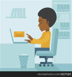 Young happy african man sitting infront of a table with computer laptop and thinking what to write in e-mail inside his office. A Contemporary style with pastel palette, soft blue tinted background. Vector flat design illustration. Square layout. . Young african man sitting infront of a computer laptop.
