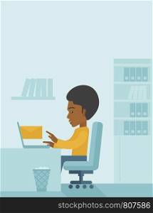 Young happy african man sitting infront of a table with computer laptop and thinking what to write in e-mail inside his office. A Contemporary style with pastel palette, soft blue tinted background. Vector flat design illustration. Vertical layout with text space on top part. . Young african man sitting infront of a computer laptop.