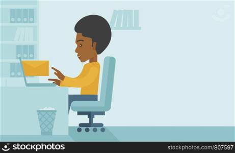 Young happy african man sitting infront of a table with computer laptop and thinking what to write in e-mail inside his office. A Contemporary style with pastel palette, soft blue tinted background. Vector flat design illustration. Horizontal layout with text space in right side. . Young african man sitting infront of a computer laptop.