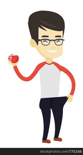 Young happy asian man on a diet. Slim man in oversized pants showing the results of his diet. Concept of dieting and healthy lifestyle. Vector flat design illustration isolated on white background.. Slim man in pants showing results of his diet.