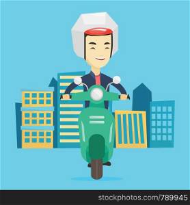 Young happy asian man riding a scooter on a city background. Cheerful man in helmet driving a scooter in the city street. Smiling man driving a scooter. Vector flat design illustration. Square layout.. Man riding scooter in the city.