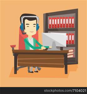 Young happy asian man using computer for playing games. Cheerful man in headphones playing online games. Smiling man playing computer game. Vector flat design illustration. Square layout.. Man playing computer game vector illustration.