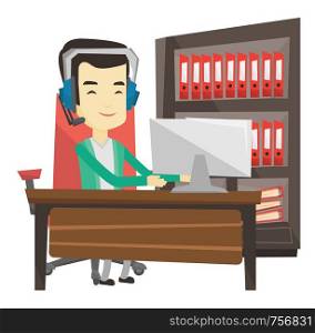 Young happy asian man using computer for playing games. Cheerful man in headphones playing online games. Smiling man playing computer game. Vector flat design illustration isolated on white background. Man playing computer game vector illustration.