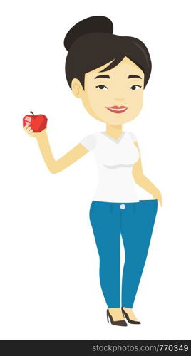 Young happy asian woman on a diet. Slim woman in oversized pants showing the results of her diet. Concept of dieting and healthy lifestyle. Vector flat design illustration isolated on white backgroun. Slim woman in pants showing results of her diet.