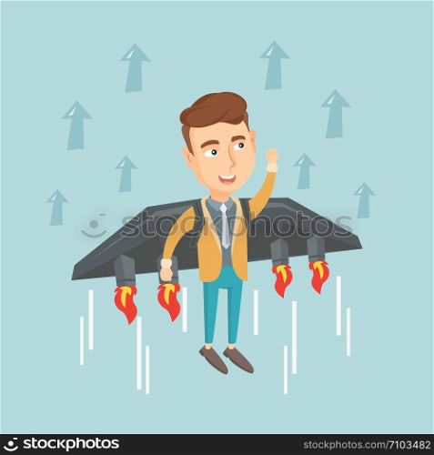 Young happy business man flying on the business start up rocket. Caucasian business man flying with a jet backpack. Business start up concept. Vector flat design illustration. Square layout.. Business man flying on the rocket to success.