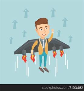 Young happy business man flying on the business start up rocket. Caucasian business man flying with a jet backpack. Business start up concept. Vector flat design illustration. Square layout.. Business man flying on the rocket to success.