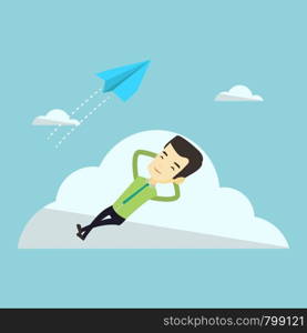 Young happy business man lying on a cloud and looking at flying paper plane. Asian business man relaxing on a cloud. Business man resting on a cloud. Vector flat design illustration. Square layout.. Business man lying on cloud vector illustration.