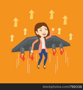 Young happy business woman flying on the business start up rocket. Caucasian businesswoman flying with a jet backpack. Business start up concept. Vector flat design illustration. Square layout.. Business woman flying on the rocket to success.
