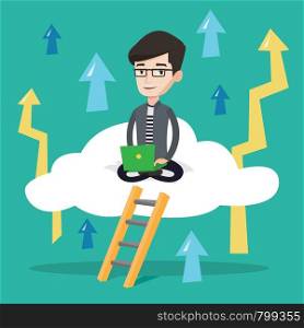 Young happy businessman sitting on a cloud with a laptop on the background of arrows going up. Cheerful businessman working on a laptop on a cloud. Vector flat design illustration. Square layout.. Businessman sitting on cloud with laptop.